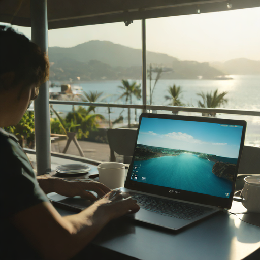 제주도 해변가 카페에서 노트북으로 업무를 보고 있는 현대적인 직장인의 모습, 창밖으로 푸른 바다가 보이고 책상 위에는 전문적인 IT 장비들이 놓여 있다.