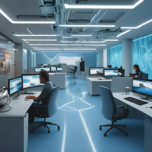 미래지향적인 가상 오피스 환경을 묘사한 이미지, 물리적 책상이 없는 텅 빈 공간에 홀로그램과 데이터 스트림이 떠다니며 디지털 연결성을 강조한다.