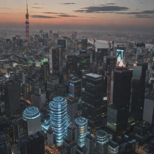 2026年の日本の都市景観。ビル壁面に設置されたペロブスカイト太陽電池と、遠景に見える洋上風力発電