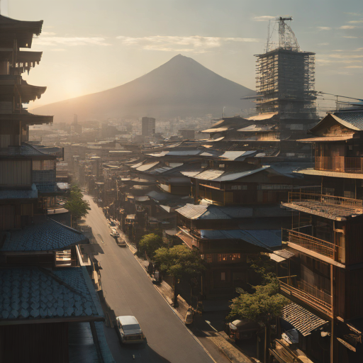 2026年のWoven Cityの景観。富士山を背景に、木材を活用した温かみのある建築群と、その間を行き交う自動運転モビリティe-Palette。