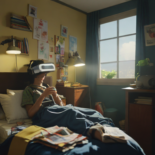 A split composition: Left side shows a Japanese boy in a dim room wearing a VR headset. Right side shows his POV: a vibrant, futuristic floating campus in the sky with diverse avatars.