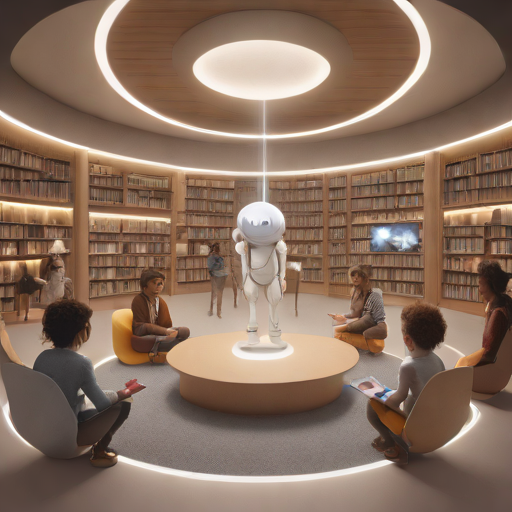 An avatar (perhaps a glowing cat or robot) raising a hand in a digital classroom filled with geometric shapes and floating data, representing 'psychological safety'.