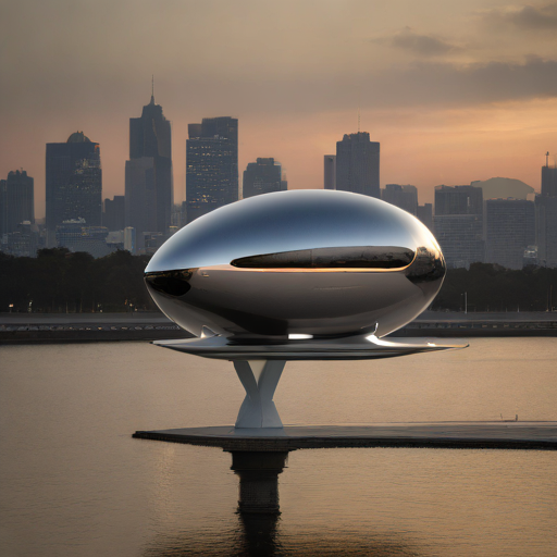 Futuristic UAM vehicle flying over Seoul Han River at sunset