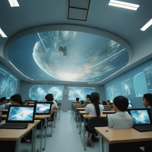 서울의 한 교실에서 학생들이 홀로그램으로 구현된 우주 정거장을 보며 수업을 듣는 미래적인 모습
