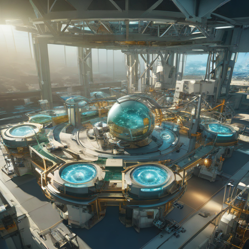 Futuristic orbital manufacturing facility with Earth in the background