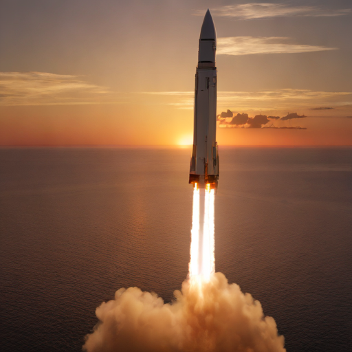 A reusable rocket booster landing vertically on a drone ship in the ocean at sunset