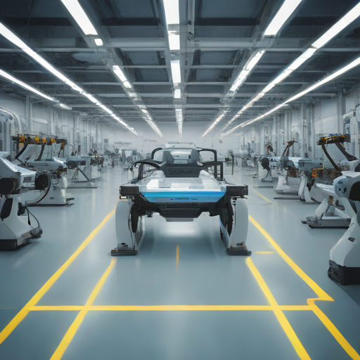 Wide angle shot of a high-tech gigafactory floor