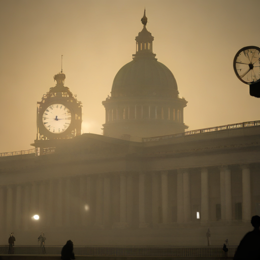 한국 국회의사당의 실루엣과 멈춰버린 시계를 겹쳐 표현한 이미지, 배경에는 흐릿한 법전과 의료 기구