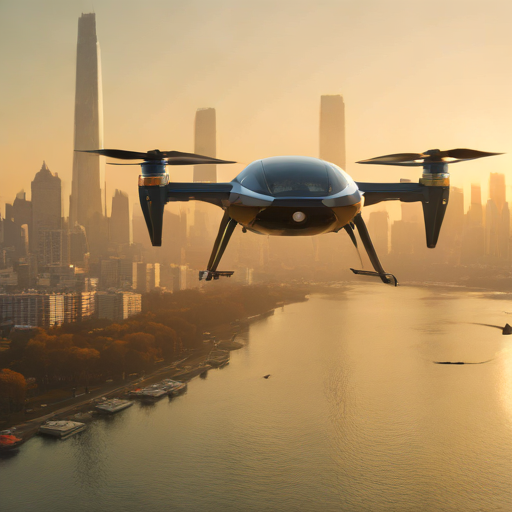 A futuristic UAM (Urban Air Mobility) drone taxi flying over the Han River in Seoul, with the 2026 skyline in the background. The drone is sleek, electric, and quiet.