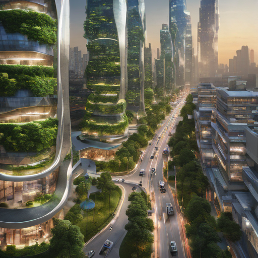Futuristic cityscape of Sejong Smart City in 2026, featuring green vertical gardens on skyscrapers, autonomous buses on the road, and holographic data overlays representing energy flow and traffic data, under a clear morning sky.