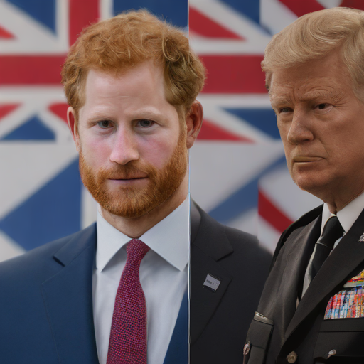 軍服姿のハリー王子とスーツ姿のトランプ氏が対照的に配置されたイラスト。背景には英米の国旗が抽象的に描かれ、価値観の対立を表現している。