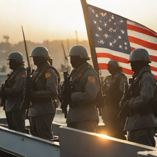 整列し敬礼する自衛隊員の厳粛な姿。背景には護衛艦の一部が見え、日米同盟の象徴としての重みを感じさせる。