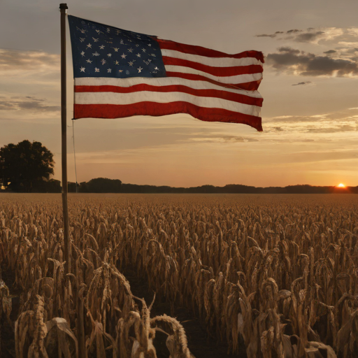 Desolate American farmland with a US flag waving in the background, symbolizing labor shortages