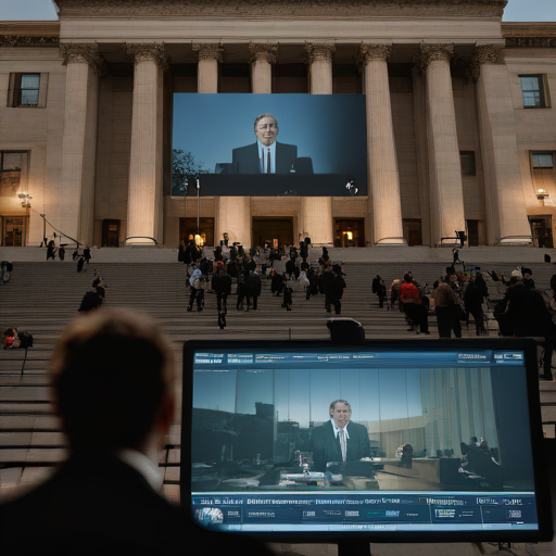 법원 앞에서의 기자회견 모습과 1조 원이라는 숫자가 오버랩된 이미지