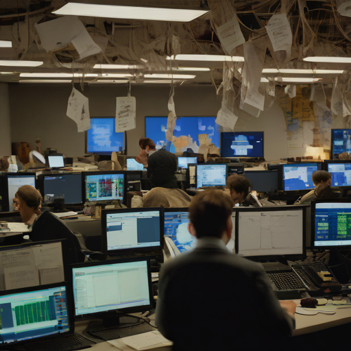 混沌としたニュースルームで、複数のスクリーンに相反する選挙速報が表示されている様子