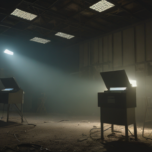 Concept art of a digital voting booth in a dark room, illuminated by a single spotlight, symbolizing scrutiny and controversy.