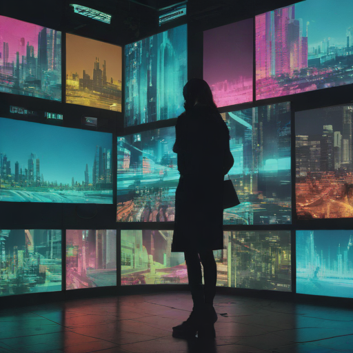 An abstract illustration of a person viewing multiple screens, each showing a different, conflicting version of reality.