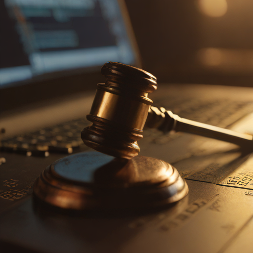 法廷の小槌とデジタル回路が融合したイメージ。テクノロジーと法の対立を表現。