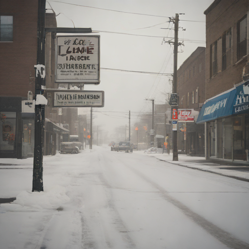 Snow-covered Minneapolis street with closed shops and protest signs