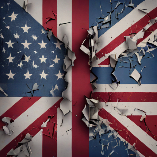 Abstract representation of the US and UK flags intertwined but fraying