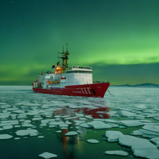 A dramatic view of a US Coast Guard icebreaker navigating through thick Arctic sea ice under the Northern Lights.