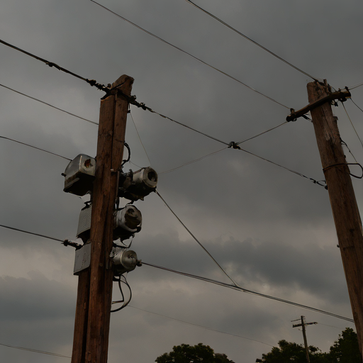 Rusted electrical transformer and sagging power lines under a stormy sky
