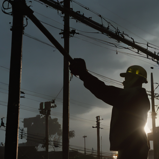 Electrical linemen working on a damaged power pole during a heavy rainstorm at night, illuminated by truck floodlights.