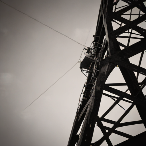 A sepia-toned, gritty close-up of rusted electrical transmission tower components against a grey sky.