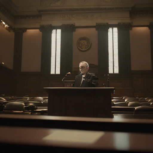 A dramatic courtroom scene with a gavel striking a sounding block, shattering a mask, symbolizing the piercing of legal privilege