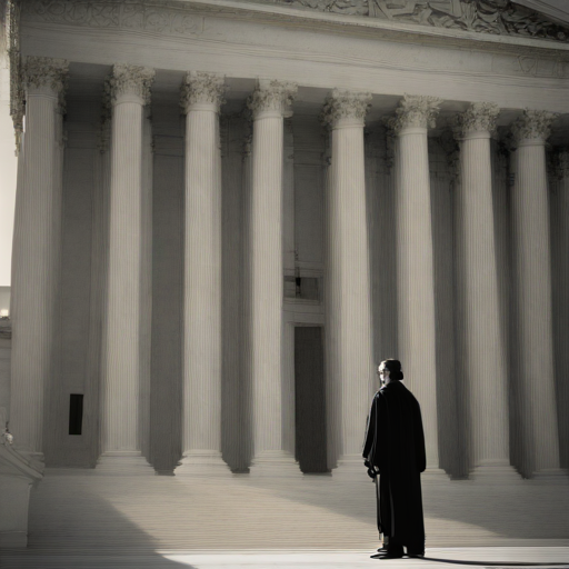 A solitary figure silhouetted against the imposing pillars of a courthouse, symbolizing the loneliness of legal reckoning