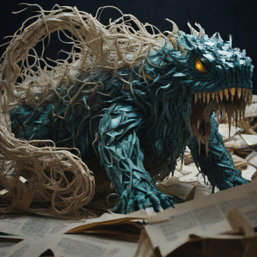 Abstract digital art representing a tangle of cables and data streams forming a chaotic, monstrous shape