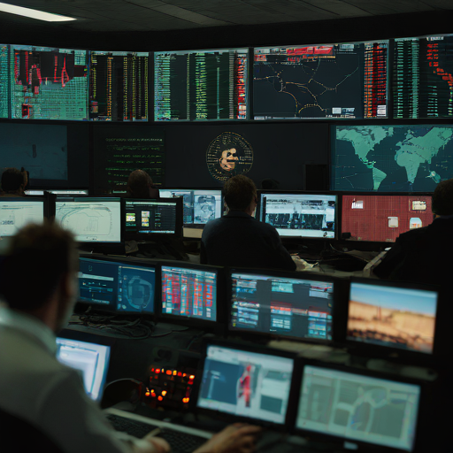 Conceptual illustration of a chaotic newsroom control room with screens showing conflicting election results and dropping ratings graphs.