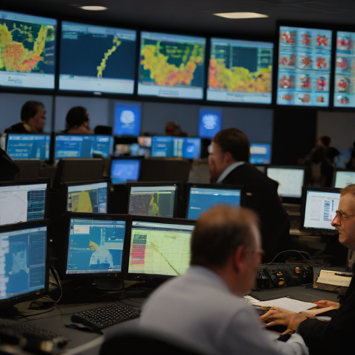 A cinematic, high-contrast illustration of a tense newsroom control room during election night, with screens displaying maps and frantic executives in silhouette.
